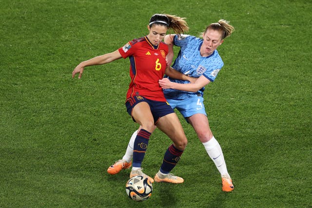 <p>Aitana Bonmati of Spain shields the ball from England’s Keira Walsh</p>