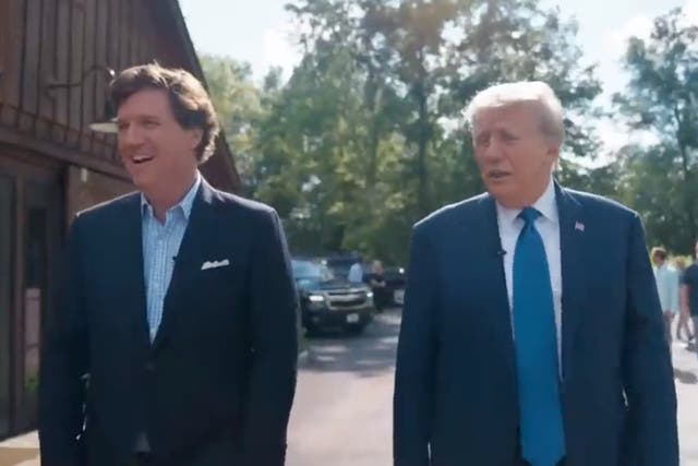 <p>Tucker Carlson (left) interviewing former president Donald Trump (right) ahead of the Republican Party’s first 2024 election debate. Carlson predicted on Thursday that Trump will win the upcoming election in the wake of his felony conviction </p>