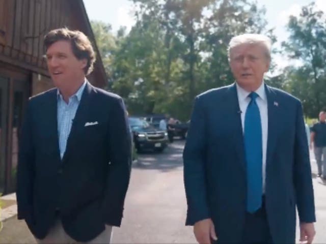 <p>Tucker Carlson interviews Donald Trump for a special that will air on 23 August, 2023, the same night as the first Republican presidential debate, which Mr Trump is skipping</p>