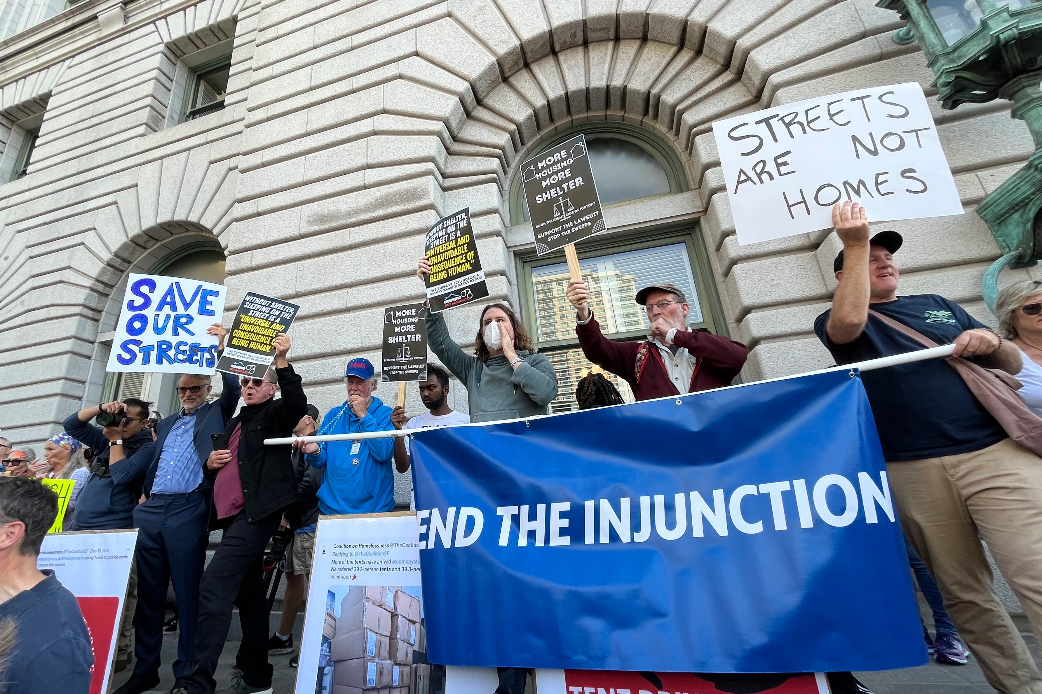 <p>Residents and business leaders opposed to a federal judge's December order halting encampment sweeps rally before an appellate court hearing in San Francisco, Wednesday, Aug. 23, 2023</p>