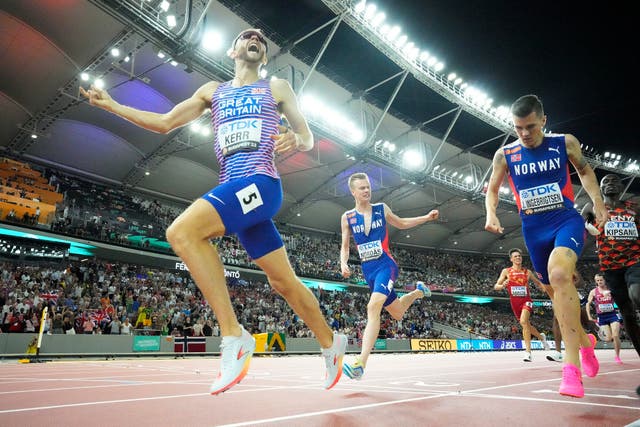 <p>Josh Kerr crosses the line to clinch gold in the 1500m final </p>