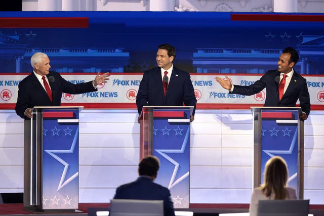 <p>Mike Pence, Ron DeSantis and Vivek Ramaswamy trade jabs during the first GOP debate of 2023 </p>