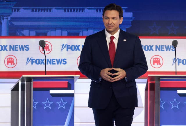 <p>Republican presidential candidate, Florida Gov. Ron DeSantis participates in the first debate of the GOP primary season hosted by FOX News at the Fiserv Forum on August 23, 2023 in Milwaukee, Wisconsin. </p>