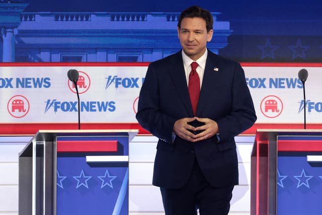 <p>Republican presidential candidate, Florida Gov. Ron DeSantis participates in the first debate of the GOP primary season hosted by FOX News at the Fiserv Forum on August 23, 2023 in Milwaukee, Wisconsin. </p>