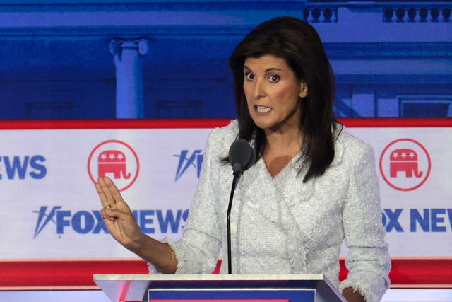 <p>Republican presidential candidate, former U.N. Ambassador Nikki Haley participates in the first debate of the GOP primary season hosted by FOX News at the Fiserv Forum on August 23, 2023 in Milwaukee, Wisconsin</p>