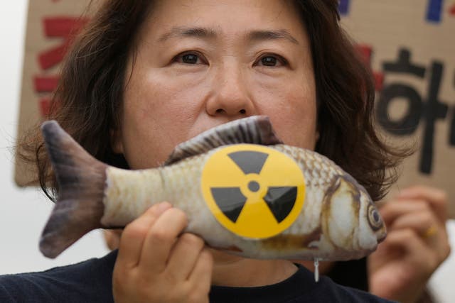 <p>A member of environmental group holds a mock fish during a rally </p>