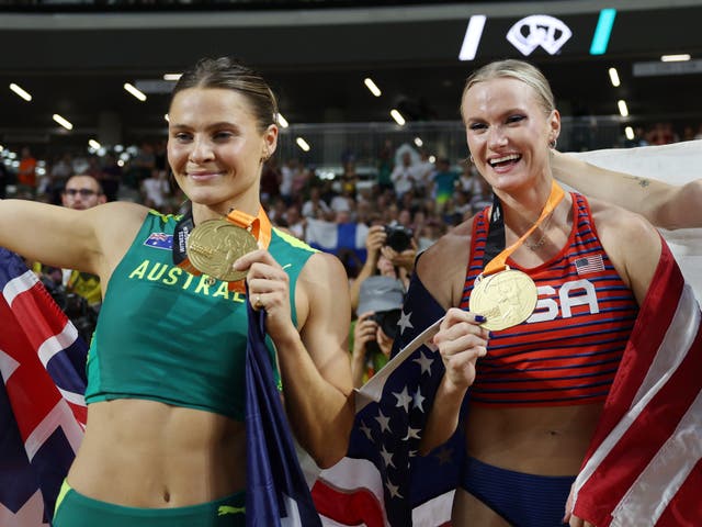 <p>Nina Kennedy and Katie Moon both claimed pole vault gold </p>