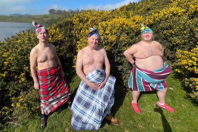 The ‘Men in Quilts’ Graham Stewart, Kenny Sinclair and Ronnie Black (Ewan Pringle/PA)