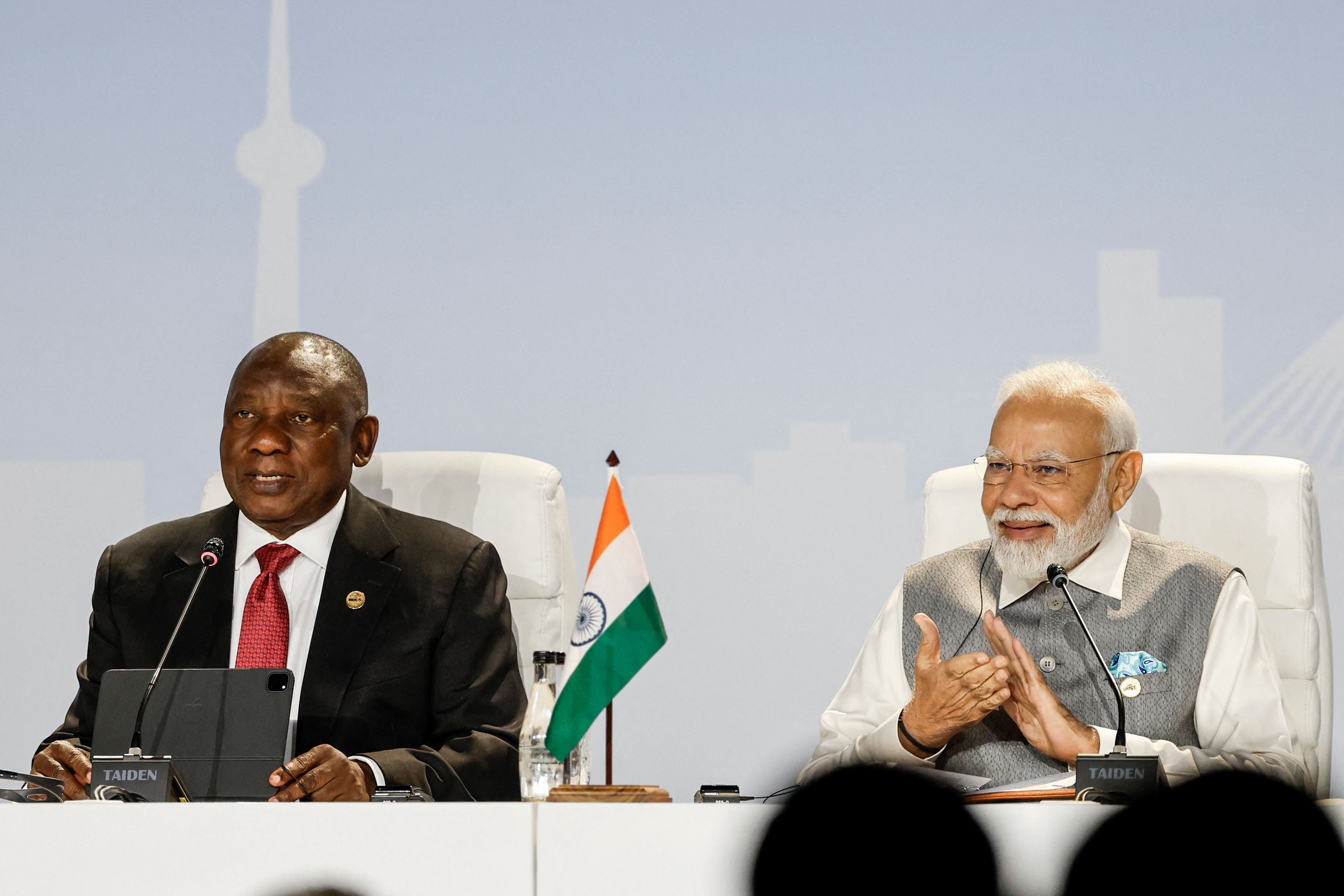 South African president Cyril Ramaphosa and Indian prime minister Narendra Modi at the 2023 Brics Summit