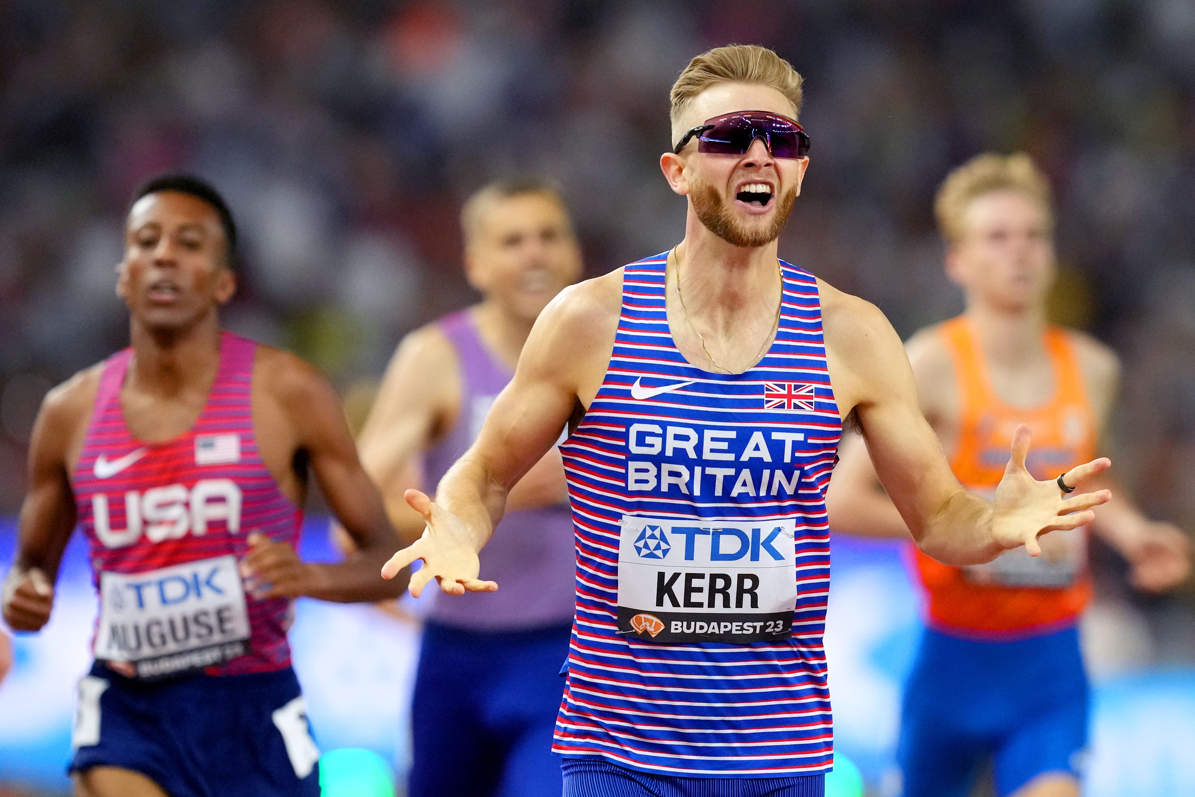 Great Britain’s Josh Kerr celebrates his world gold (Martin Rickett/PA)