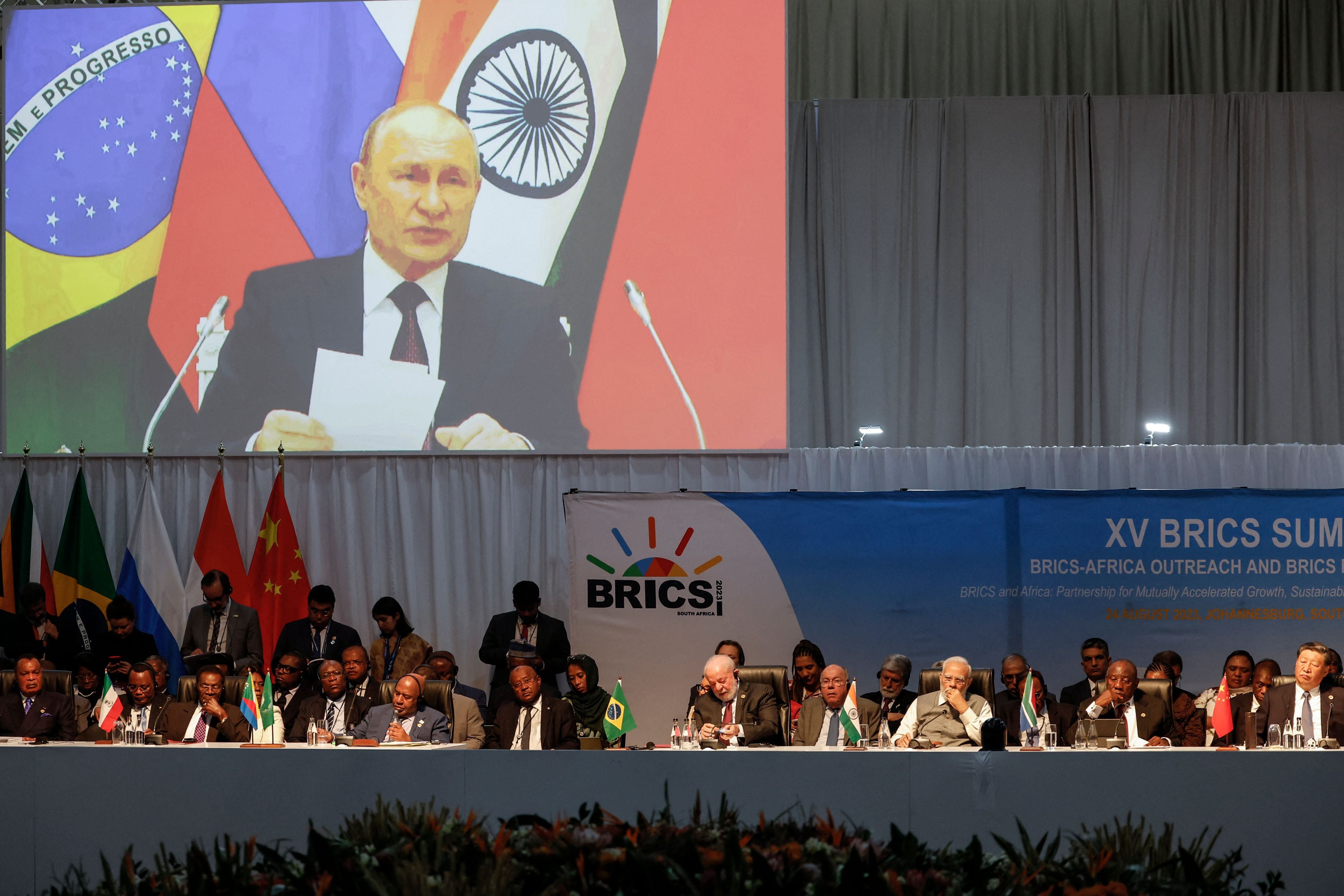 Mr Putin was forced to join the summit of Brazil, Russia, India, China and South Africa remotely