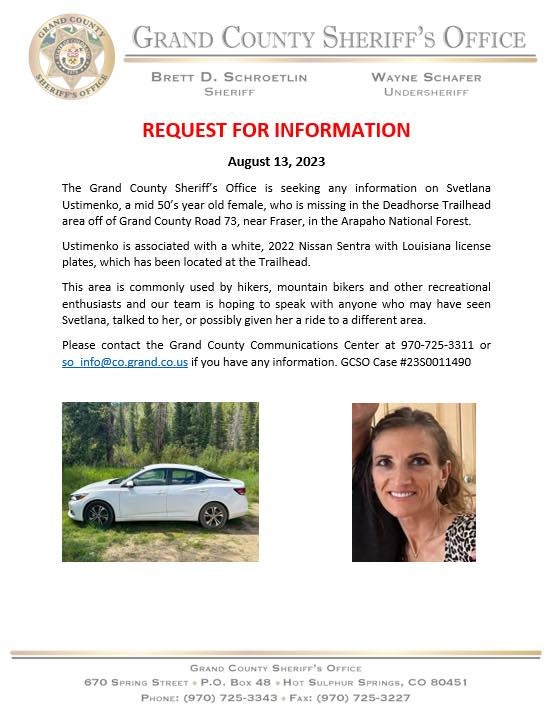 On 11 August, authorities had started a search to find another missing woman, 55-year-old Svetlana Ustimenko after her rental car was found parked at the Deadhorse Trailhead area in the Arapaho National Forest in late July