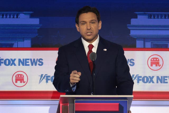 <p>Republican presidential candidate, Florida Gov. Ron DeSantis pauses during a break in the first debate of the GOP primary season hosted by FOX News at the Fiserv Forum on August 23, 2023 in Milwaukee, Wisconsin. </p>