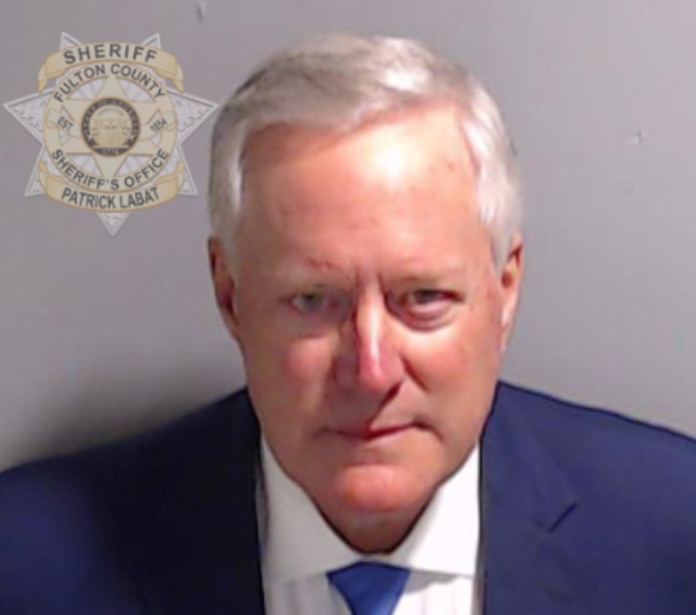 Mark Meadows is pictured in his mugshot taken at the Fulton County jail