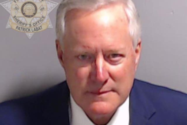 <p>Mark Meadows is seen in a mugshot following his arrest in the Fulton County, Georgia election probe</p>