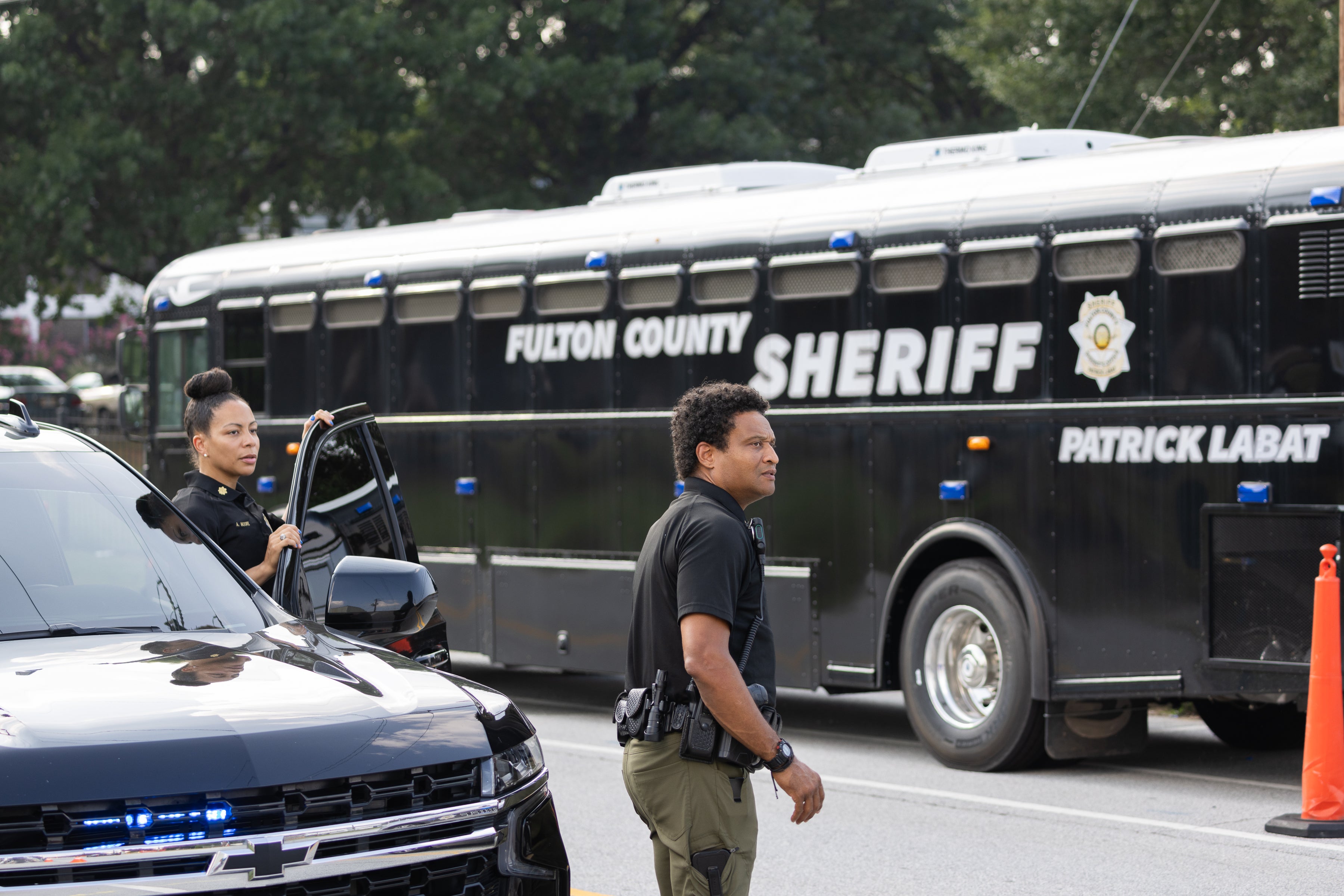 Fulton County Sheriff Deputies stand guard outside the Fulton County Jail ahead of former President Donald Trump's surrender on August 24, 2023 in Atlanta, Georgia.