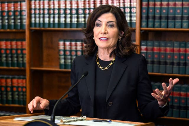 <p>New York Gov. Kathy Hochul speaks to reporters about end of session legislative bills and a swearing-in ceremony in June</p>