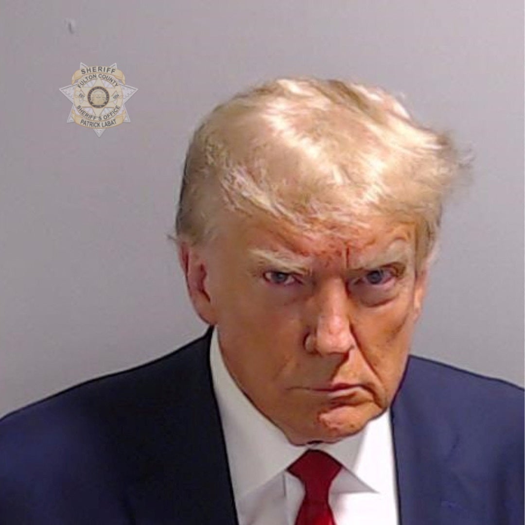 Former President Donald Trump is shown in a police booking mugshot released by the Fulton County Sheriff’s Office