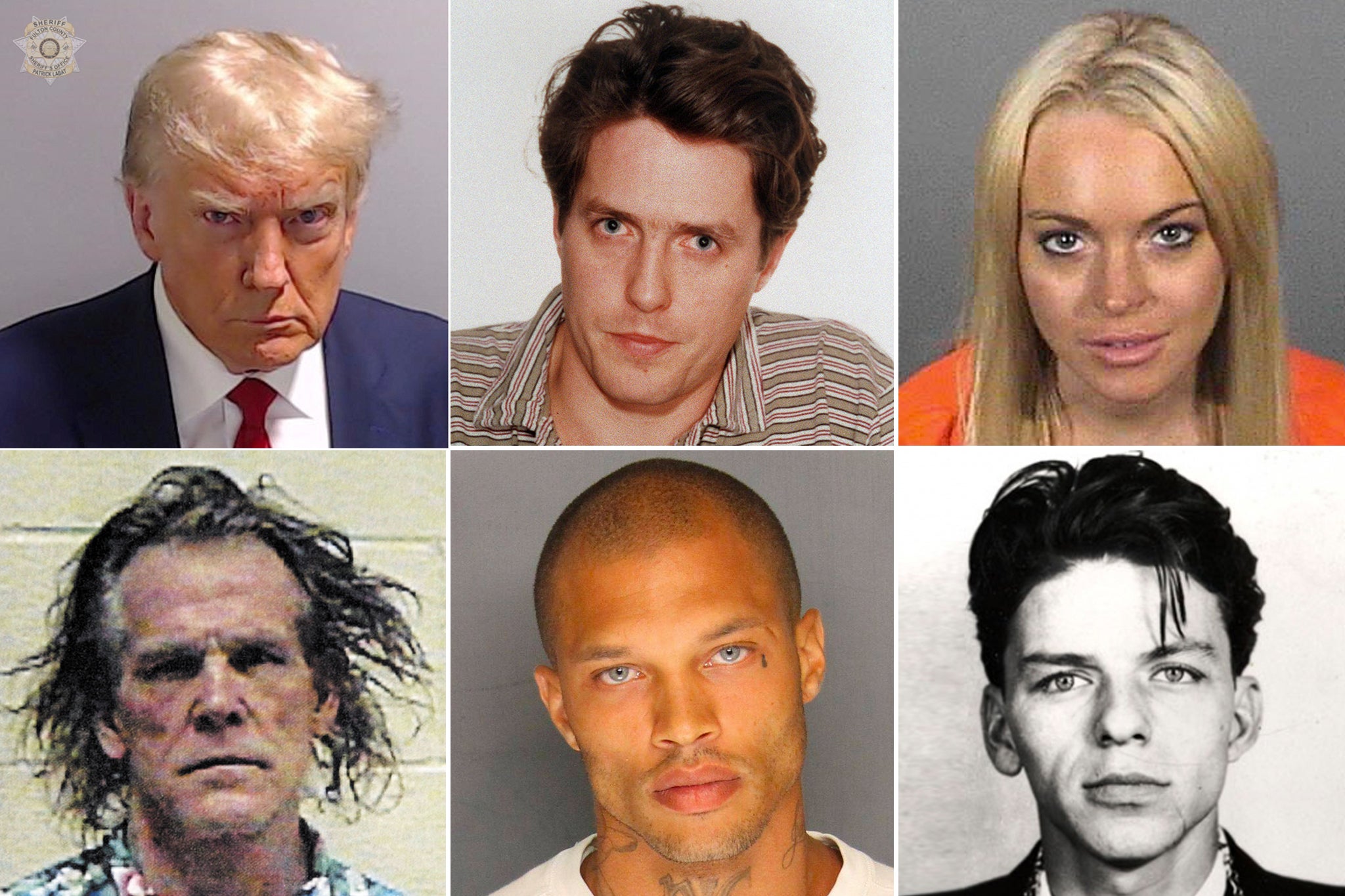 Clockwise from top left: Donald Trump, Hugh Grant, Lindsay Lohan, Frank Sinatra, Jeremy Meeks, Nick Nolte
