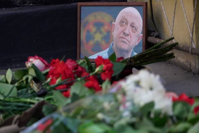 <p>A portrait of Yevgeny Prigozhin is seen at the makeshift memorial in front of the circus building in Rostov-on-Don, on 24 August 2023</p>