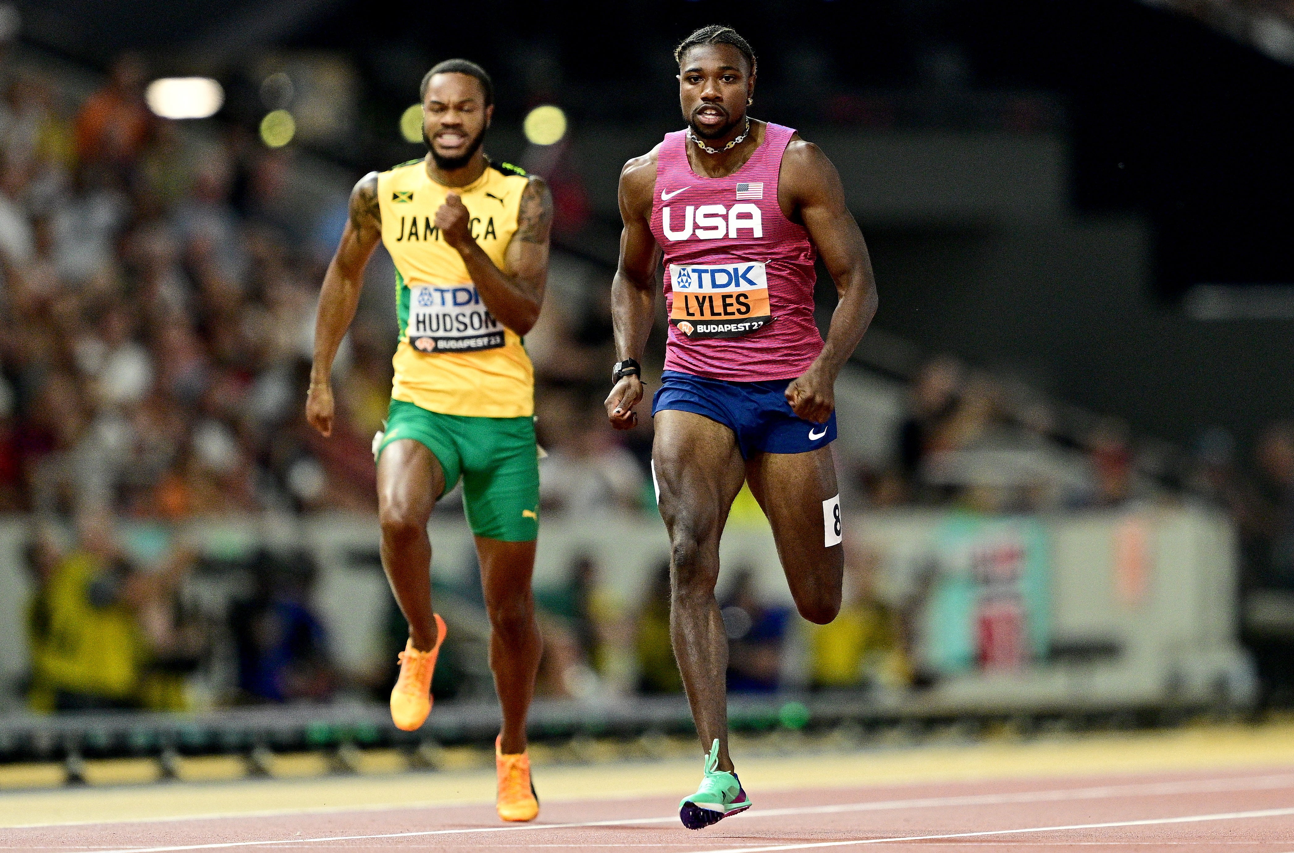 Noah Lyles finished the semi-final in first, with Hudson fifth