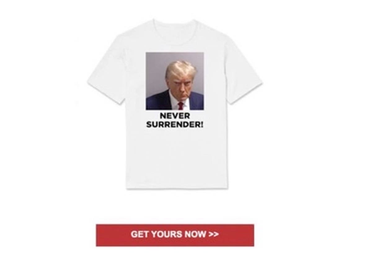 Trump is selling ‘never surrender’ shirts with his mug shot - hours ...