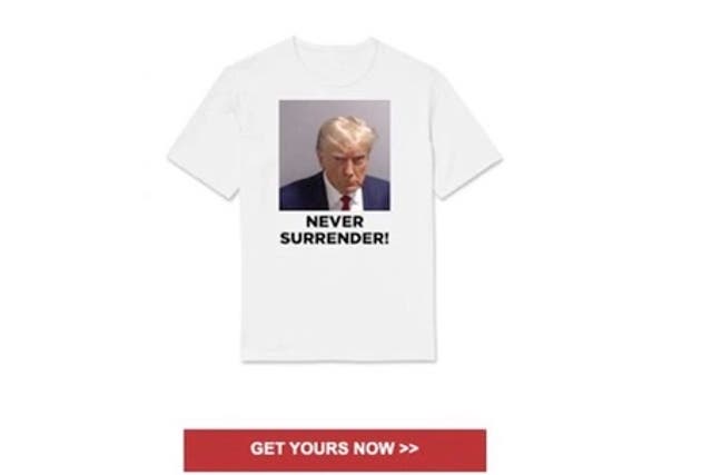 <p>Trump campaign is trying to sell t shirts with his mug shot on</p>