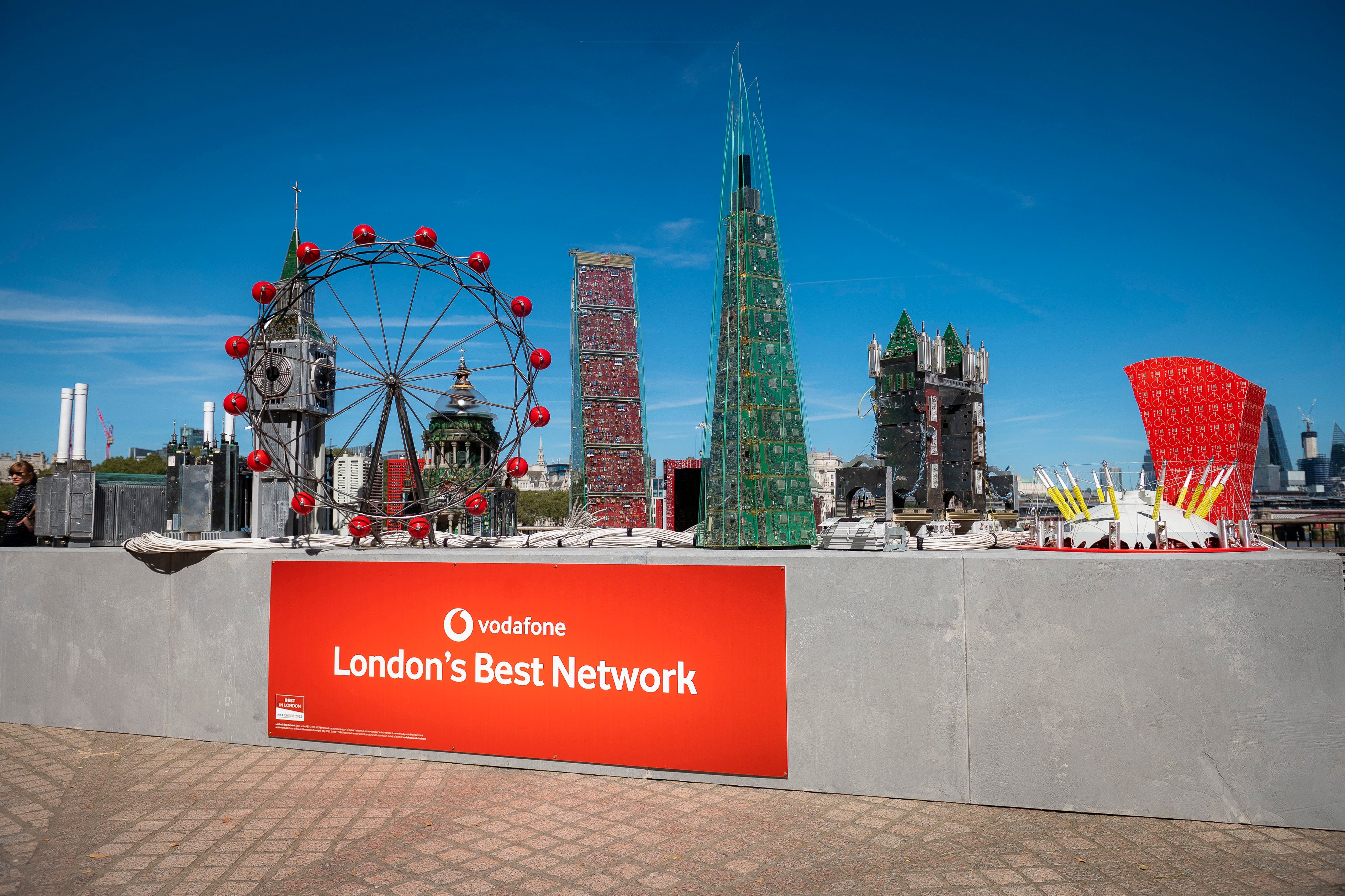 London South Bank: August 2023: Vodafone unveils ‘The Connected Skyline’ to celebrate being named London’s Best Network by NET CHECK . Vodafone commissioned London-based artist and sculptor, Alex Wreckage, to create the installation which is made from nearly a tonne of recycled tech, network equipment and SIMs