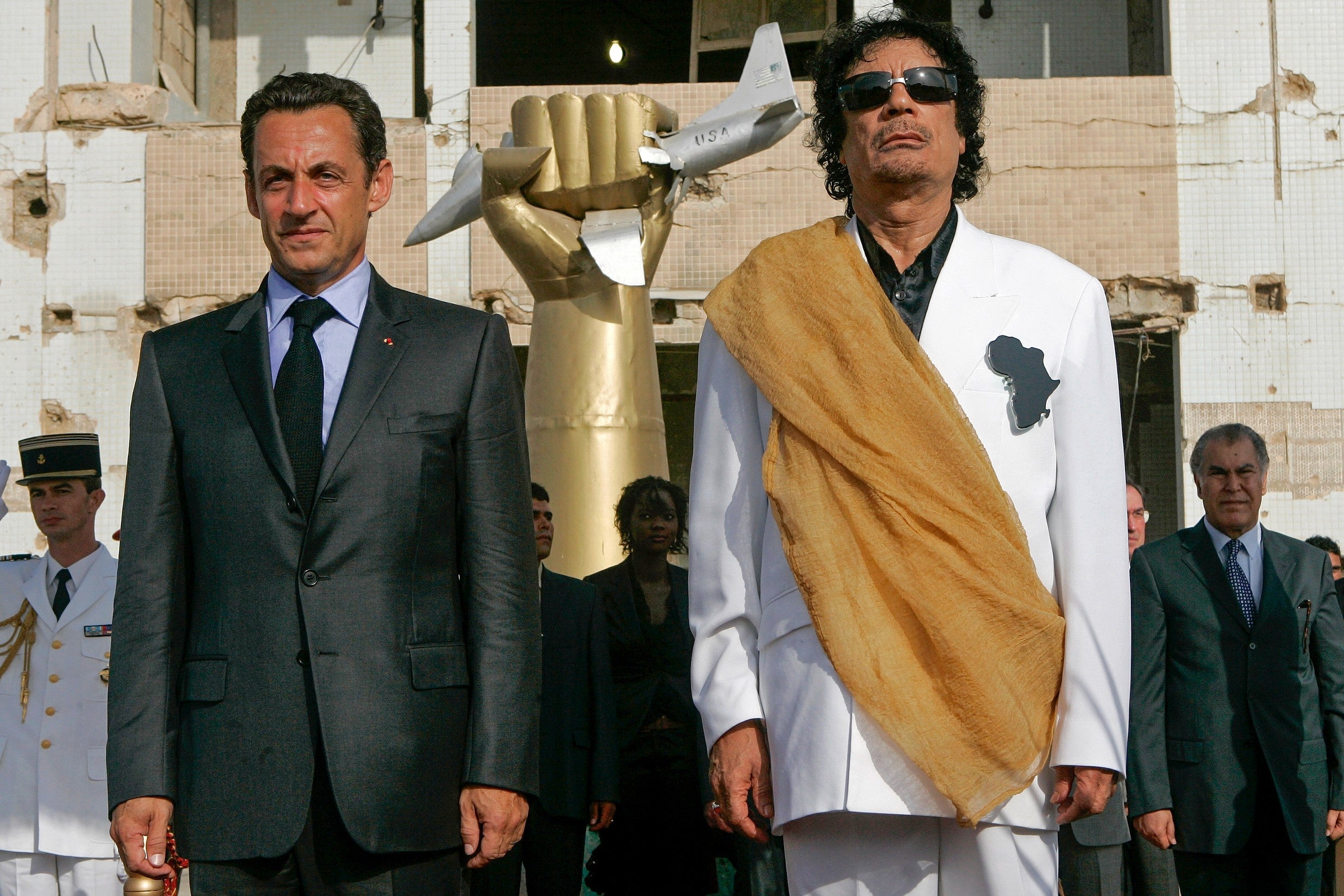 Muammar Gaddafi, right, and then-president of France, Nicolas Sarkozy, in Tripoli in July 2007