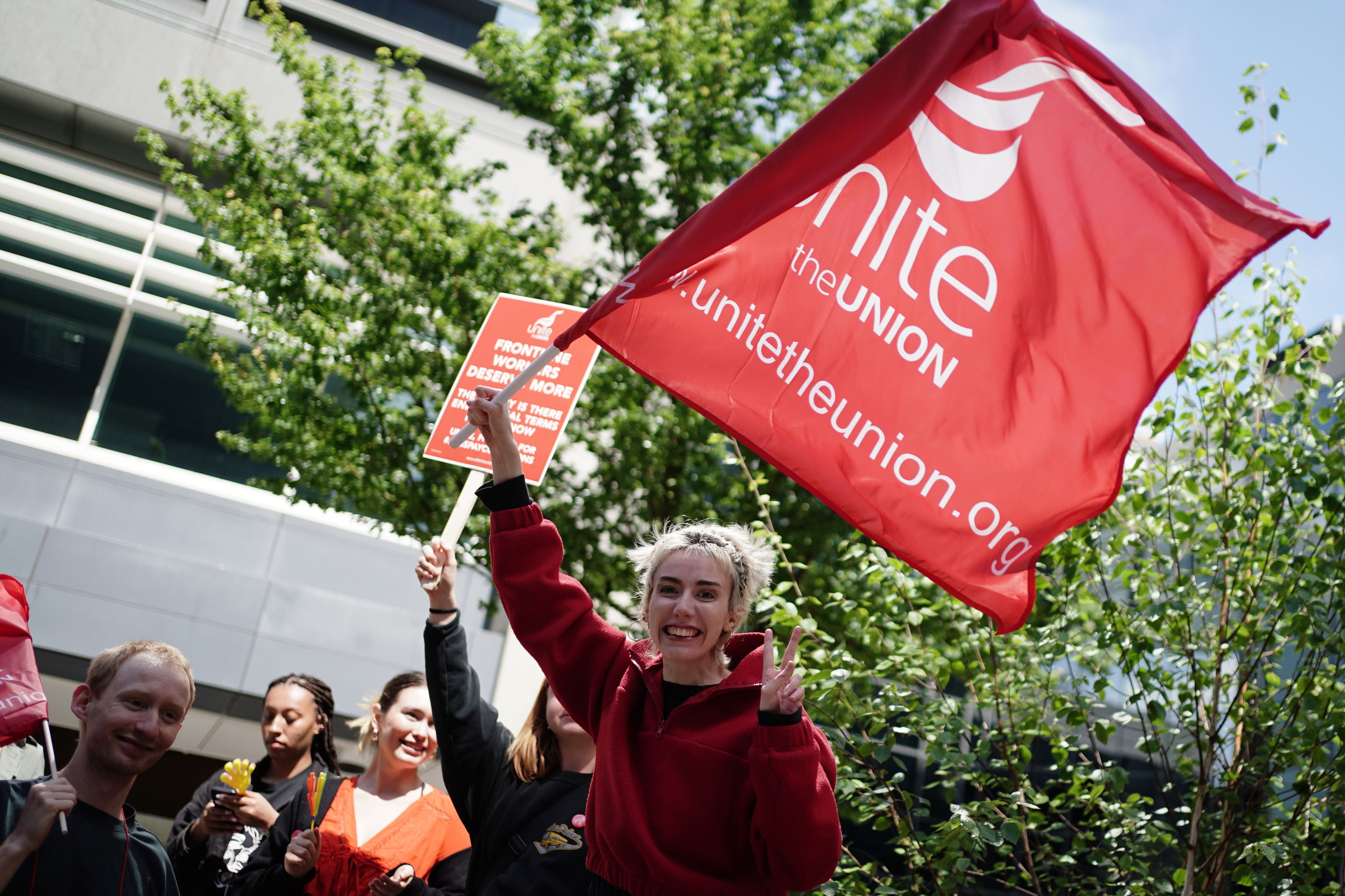 St Mungo’s workers protesting outside the homelessness charity’s headquarters in Tower Hill, London, in May as they began a strike over pay (Jordan Pettitt/PA)