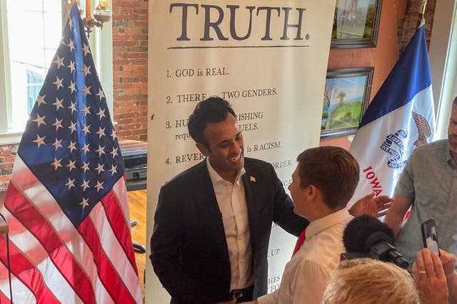 <p>Vivek Ramaswamy called Representative Ayanna Pressley and author Ibram X. Kendi part of the ‘modern KKK’ at a campaign stop in Iowa on 25 August </p>