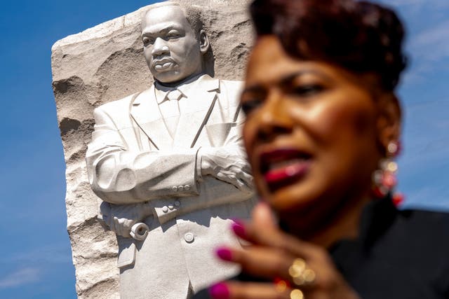 <p>Bernice King, the daughter of Martin Luther King, Jr., speaks during an interview at the Martin Luther King, Jr., Memorial in Washington, on Friday, August 25, 2023</p>