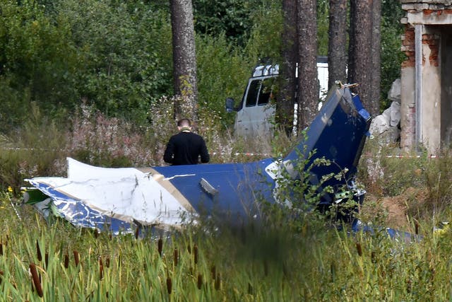 <p>A law enforcement officer works at the site of a plane crash near the village of Kuzhenkino, Tver region in Russia </p>