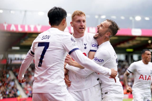 Dejan Kulusevski and James Maddison celebrate scoring for Tottenham at Bournemouth (Adam Davy/PA)