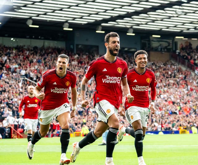 <p>Bruno Fernandes celebrates after scoring Manchester United’s third goal</p>