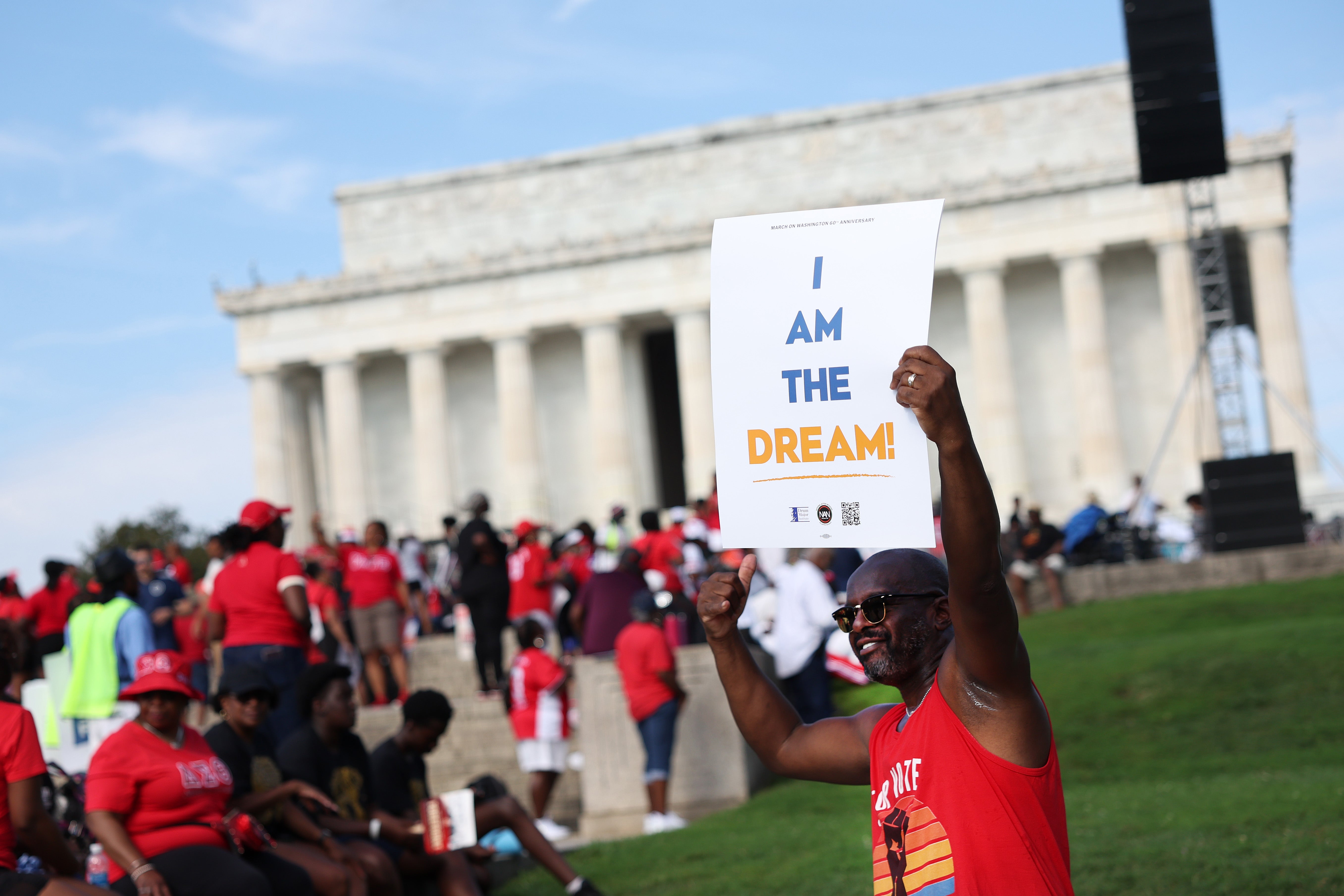 Civil rights supporters attend the 60th Anniversary Of The March On Washington at the Lincoln Memorial on August 26, 2023 in Washington, DC.