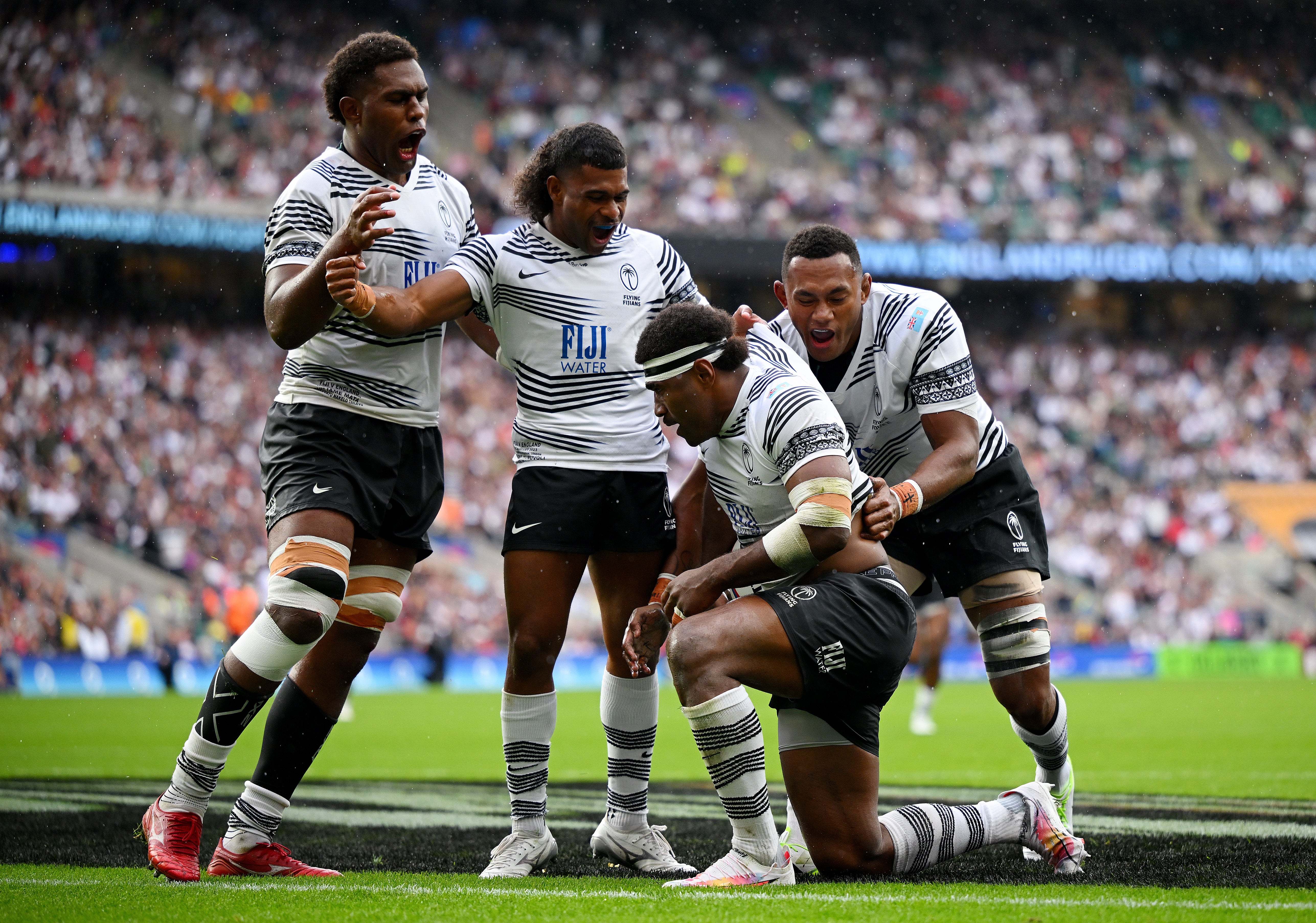 Fiji celebrate Vinaya Habosi scoring their second try