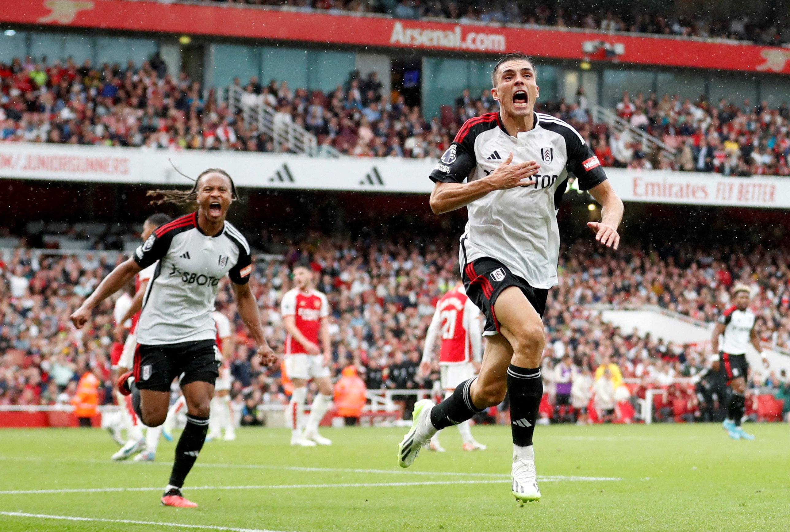 Joao Palhinha celebrates after scoring Fulham’s late equaliser