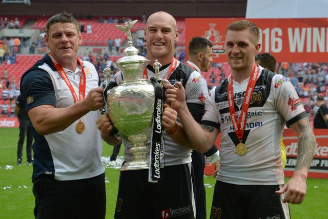 Hull FC’s Lee Radford (left), Gareth Ellis (centre) and Marc Sneyd celebrate after Hull FC’s 2016 Challenge Cup final victory (Anna Gowthorpe/PA)