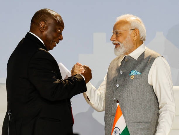 South African president Cyril Ramaphosa and prime minister of India Narendra Modi shake hands during the 2023 Brics Summit at the Sandton Convention Centre in Johannesburg on 24 August 2023