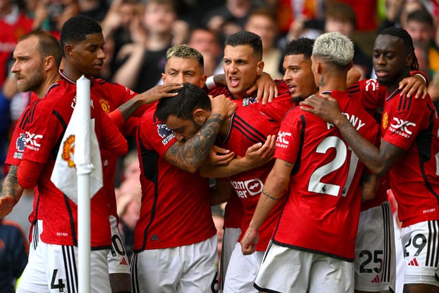 <p>Bruno Fernandes, celebrating his winner against Nottingham Forest, says United are still ‘capable of doing great things‘ </p>
