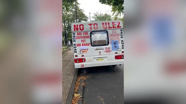 <p>Caravan covered in Ulez protests chained outside Sadiq Khan’s house</p>