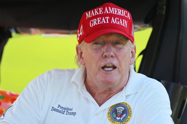 <p>Former president Donald Trump on the 15th hole during day one of the LIV Golf Invitational - Bedminster at Trump National Golf Club on August 11, 2023 in Bedminster, New Jersey</p>