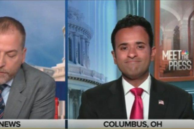 <p>GOP candidate Vivek Ramaswamy appears on NBC’s Meet the Press on Sunday following the first Republican debate</p>