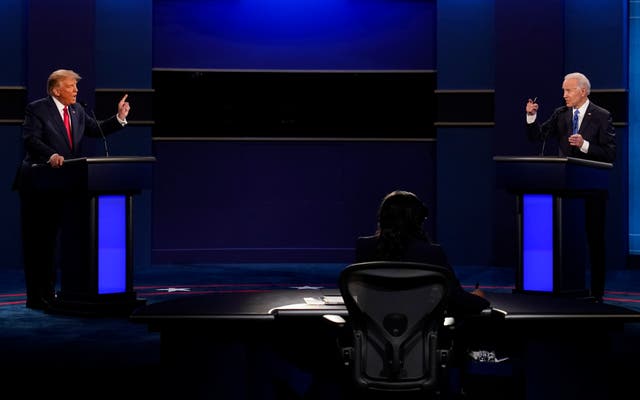 <p>President Donald Trump, left, and Democratic presidential candidate former Vice President Joe Biden during the second and final presidential debate Oct. 22, 2020</p>