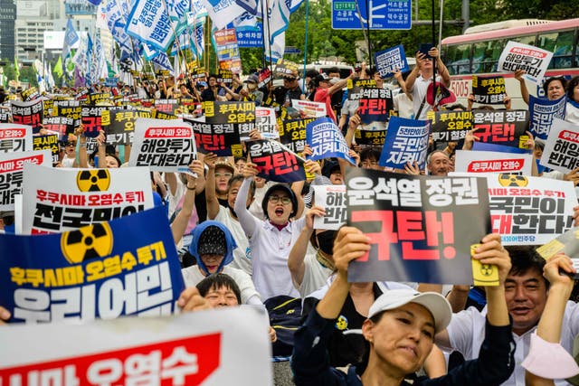 <p>Thousands of people take part in a rally in Seoul to protest against Japan’s discharge of treated wastewater from the crippled Fukushima nuclear power plan</p>