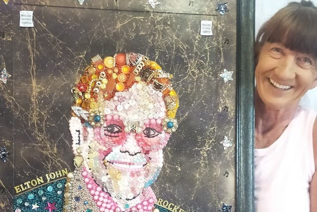 Mrs Harrex with her button art of Sir Elton John (Sharyn Harrex/PA)
