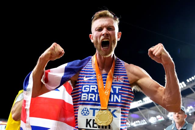<p>Great Britain’s Josh Kerr celebrates his gold in Budapest. (Martin Rickett/PA)</p>