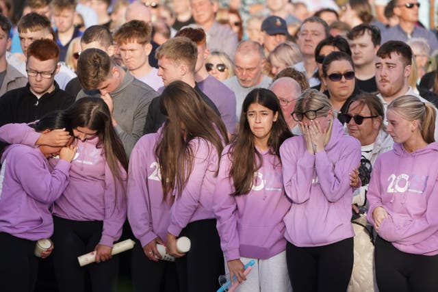 Pupils from the class of 2023 from Clonmel Presentation Secondary School attend a vigil (Brian Lawless/PA)