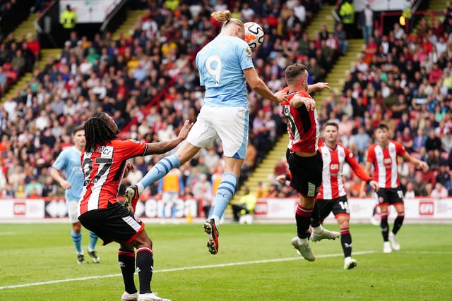 Erling Haaland headed Manchester City into a second-half lead on Sunday at Sheffield United (Mike Egerton/PA)